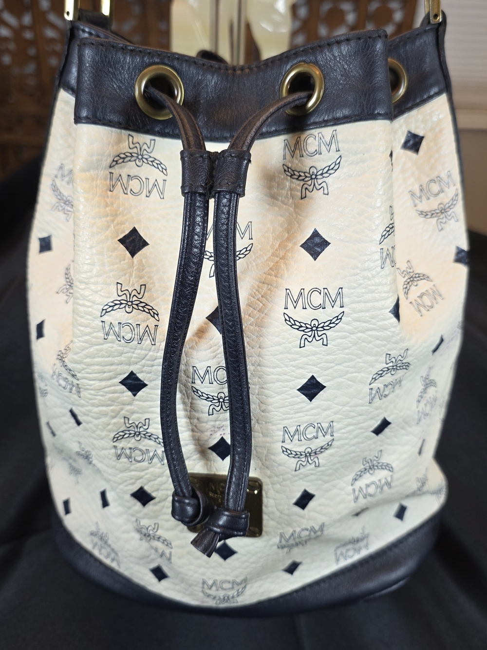 MCM Visetos Drawstring Large Bucket Bag in Cream with Navy Trim. Comes w COA
